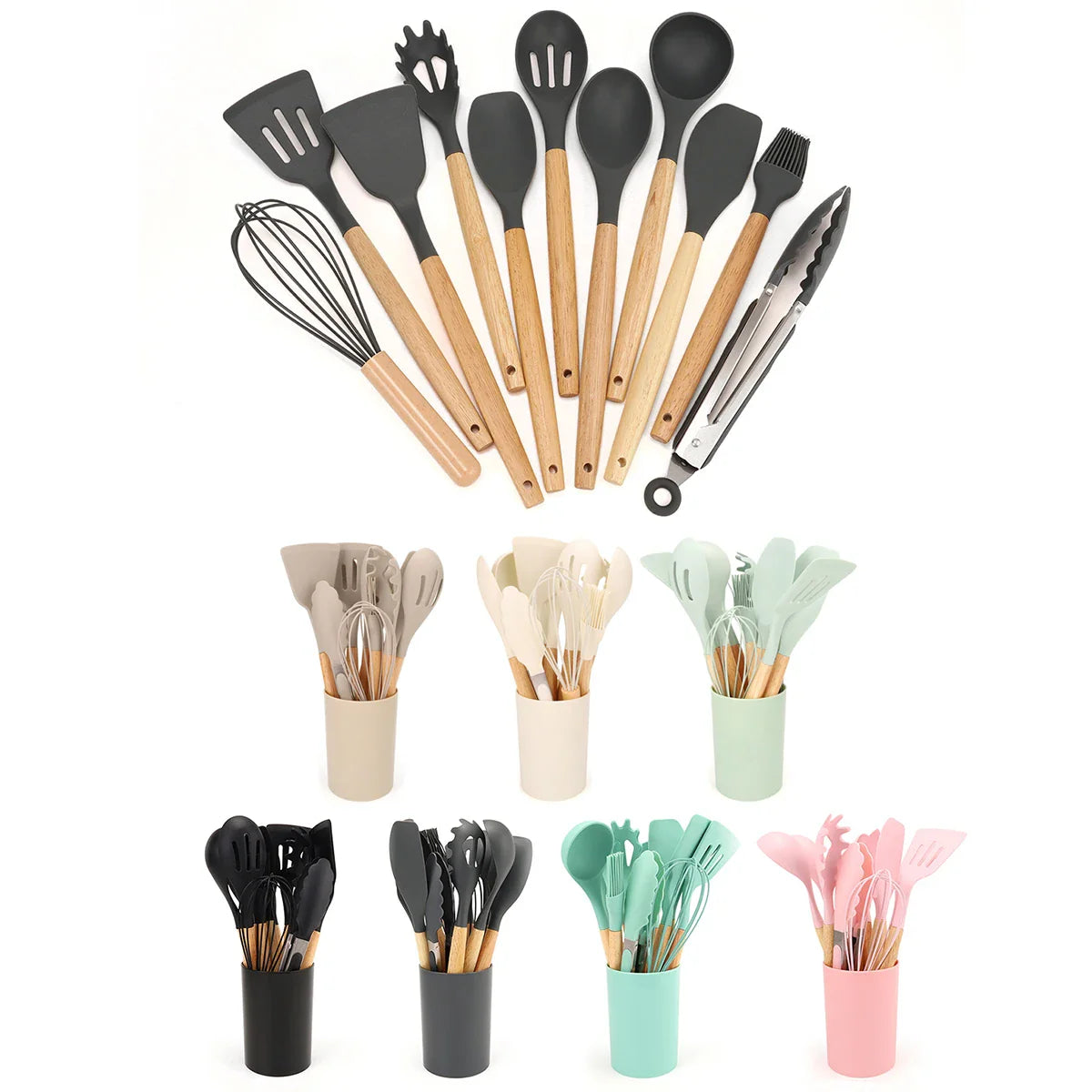 12Pcs Silicone Kitchen Utensil Set with Storage Bucket-0