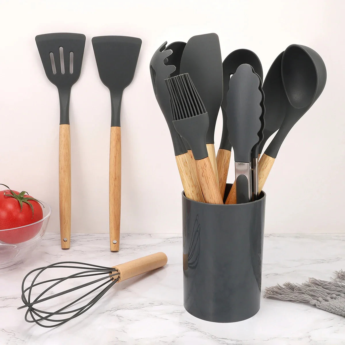 12Pcs Silicone Kitchen Utensil Set with Storage Bucket-1