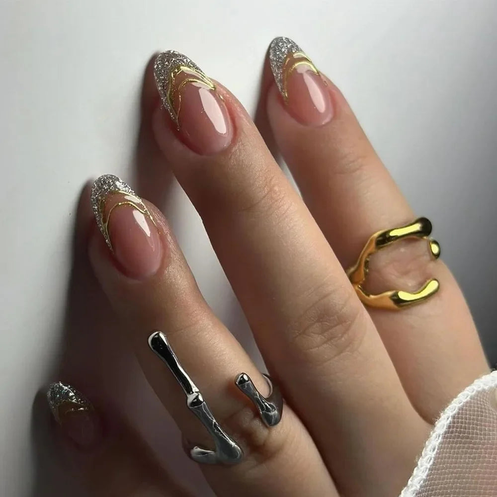 24pcs French Almond Press On Nails-1