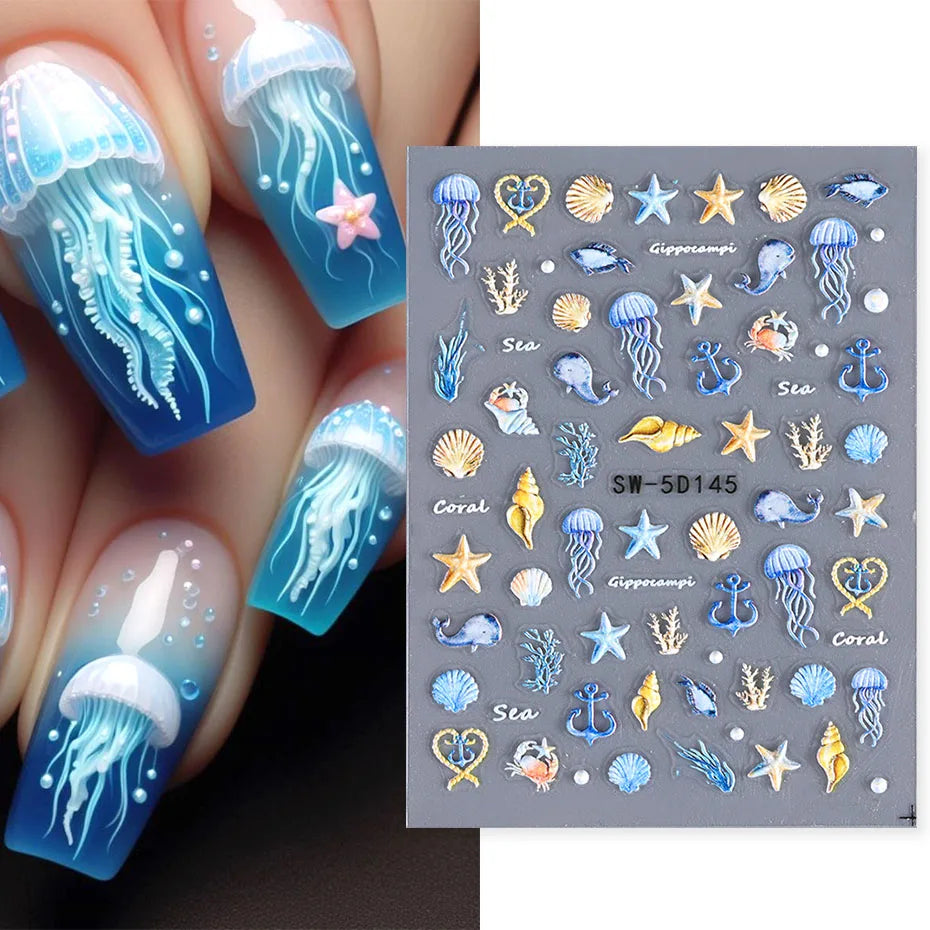5D Jellyfish Beach Nail Stickers Set-6