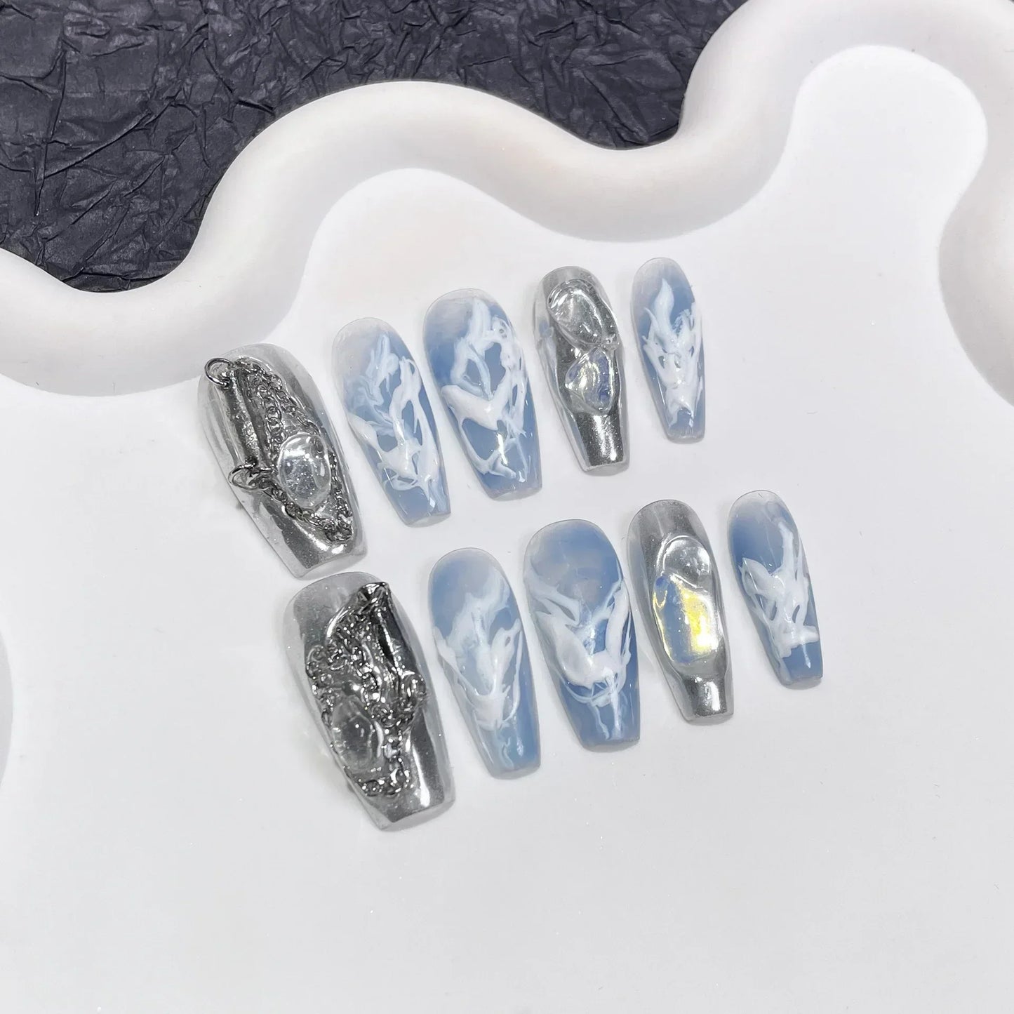 Black Handmade Press On Nails-4