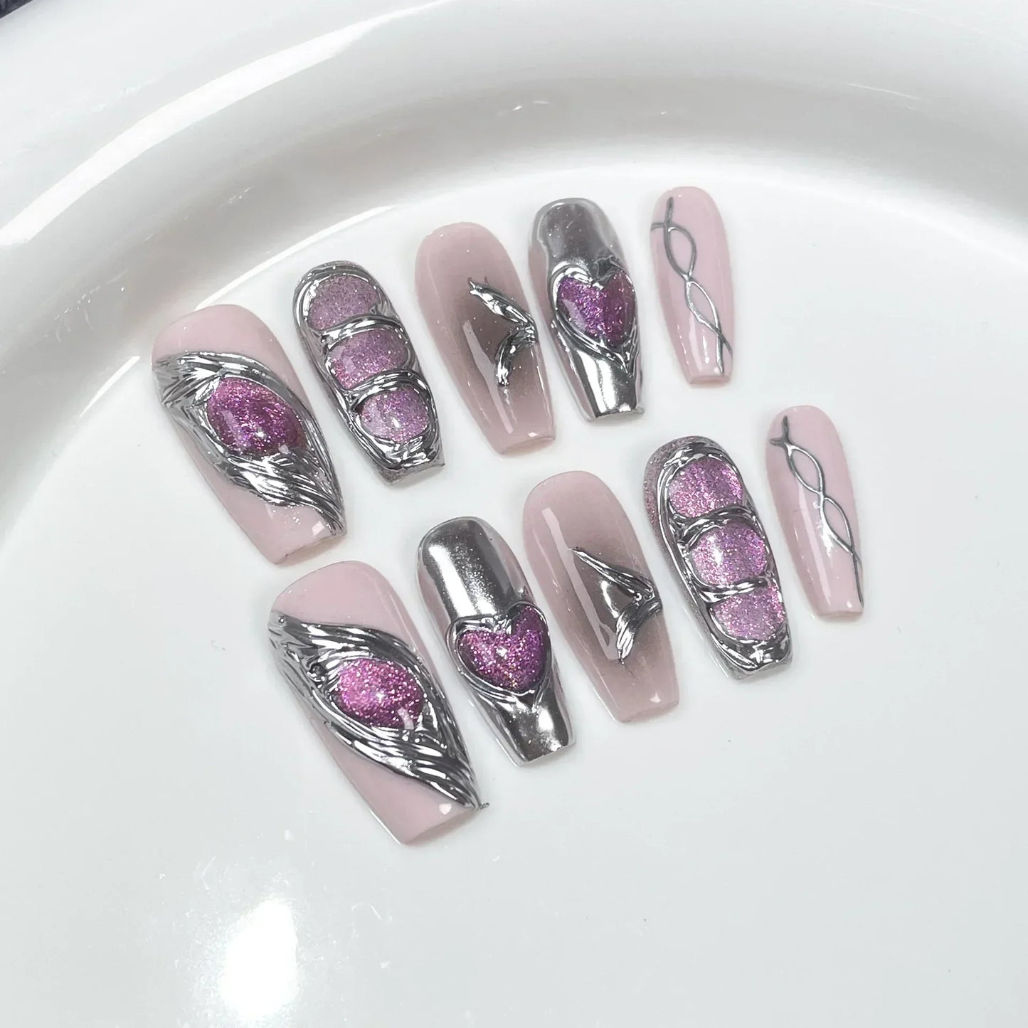 Black Handmade Press On Nails-16