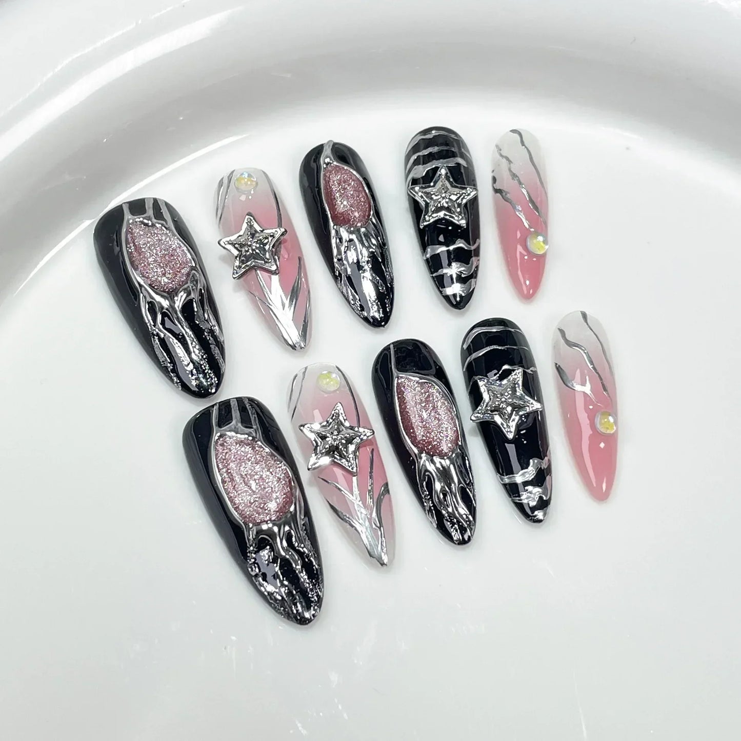 Black Handmade Press On Nails-17