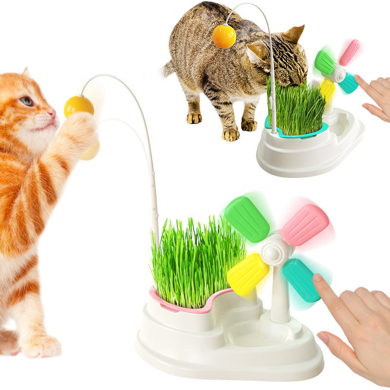 Cat Windmill Interactive Toy with Grass Box-3