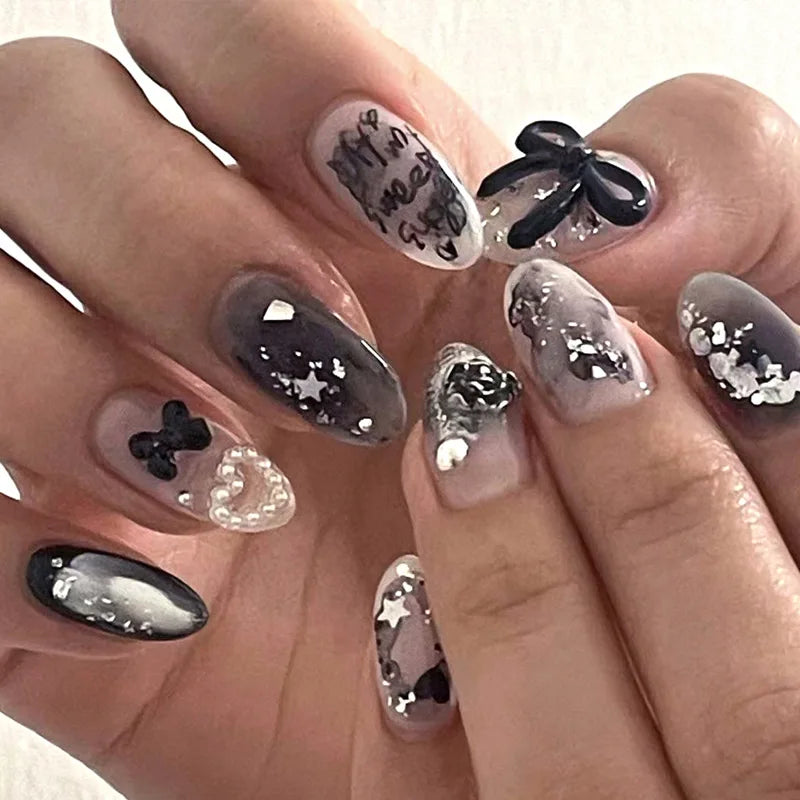 Elegant Black Almond Press-on Nail Kit-3
