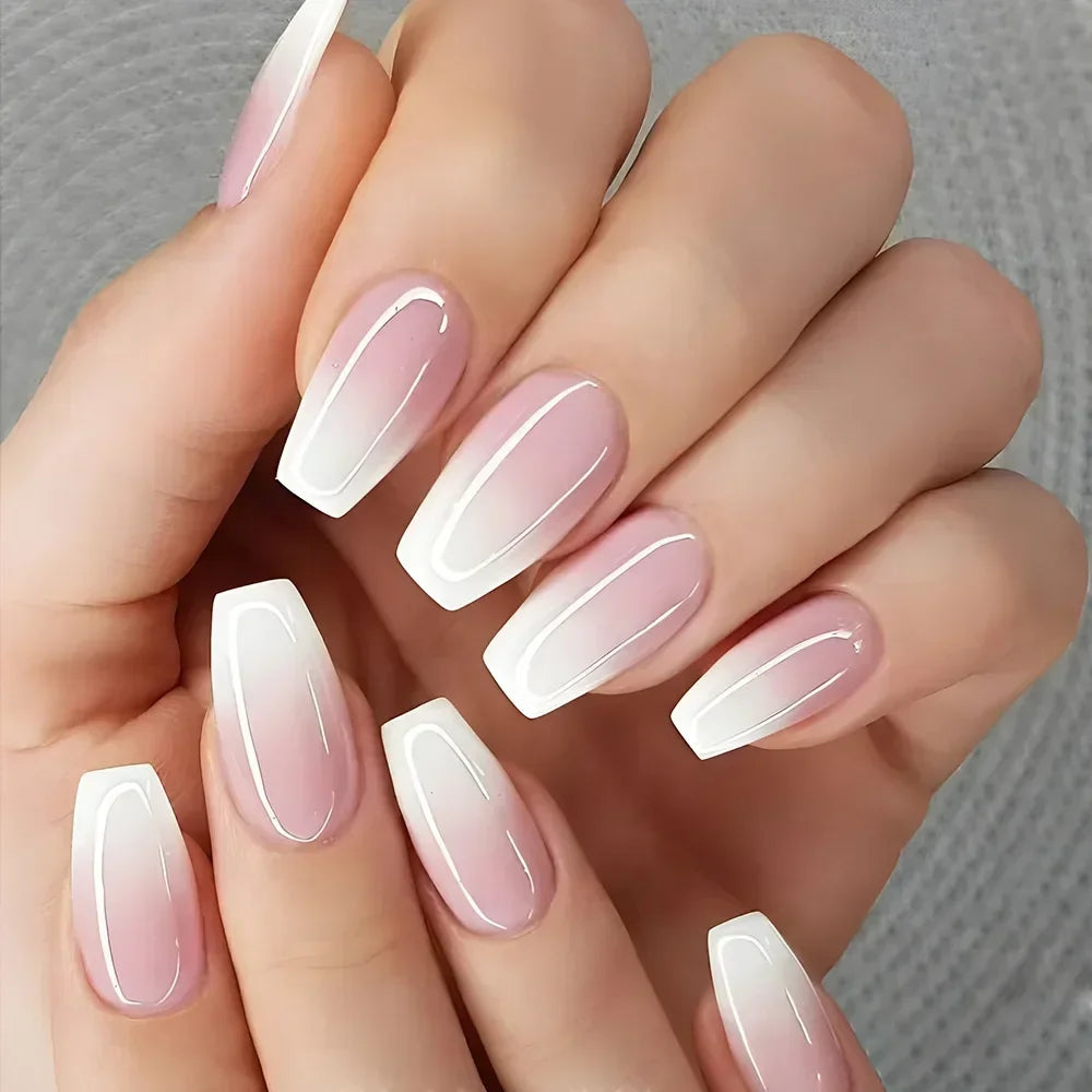 Gradient White Fake Nail Short Square Ballet Simple False Nails-2