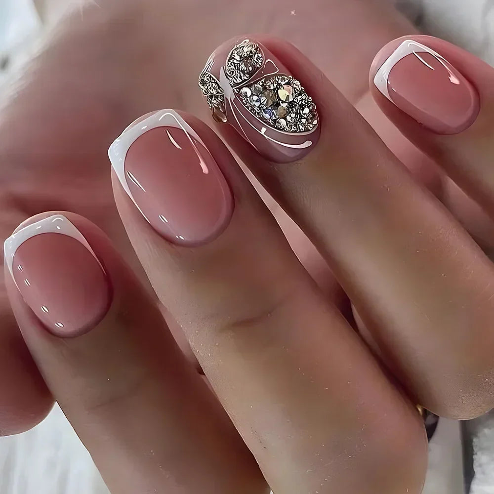 Gradient White Fake Nail Short Square Ballet Simple False Nails-3