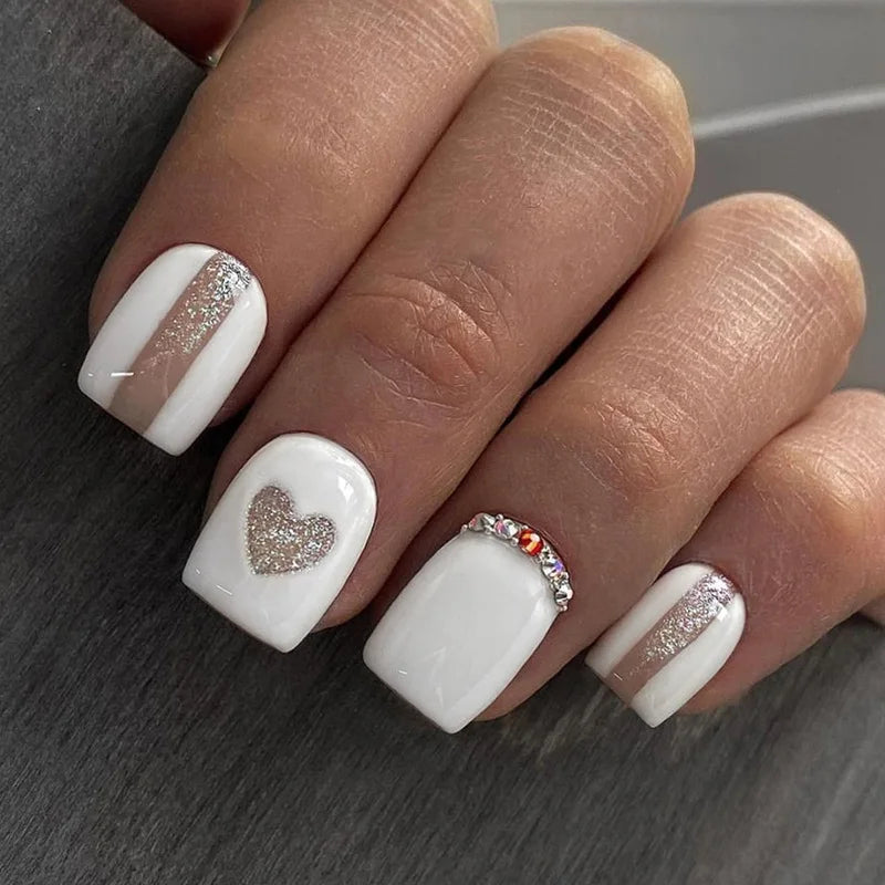 Gradient White Fake Nail Short Square Ballet Simple False Nails-5