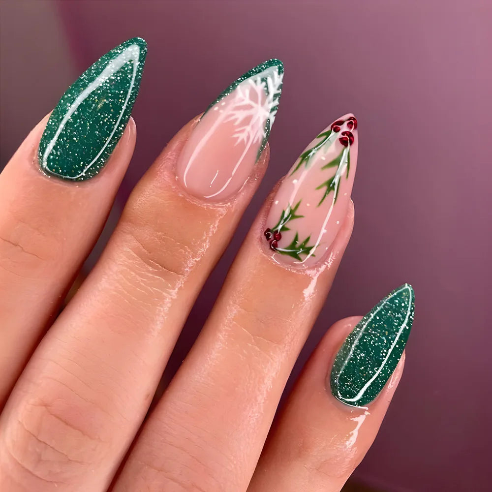 Holiday Glam Green Deer Nail Set-15