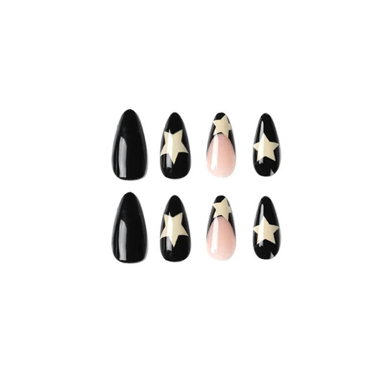 Milky White Stars Black French Wearable Nail Art-1