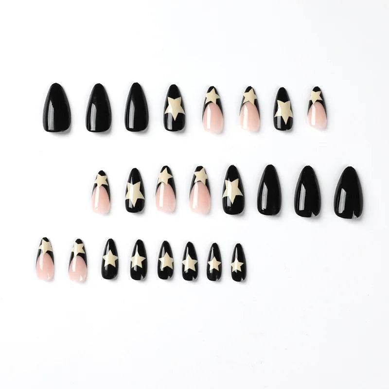 Milky White Stars Black French Wearable Nail Art-2