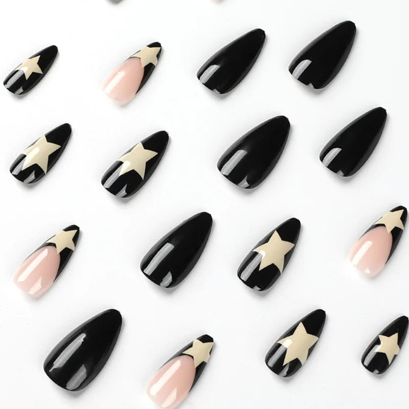 Milky White Stars Black French Wearable Nail Art-3