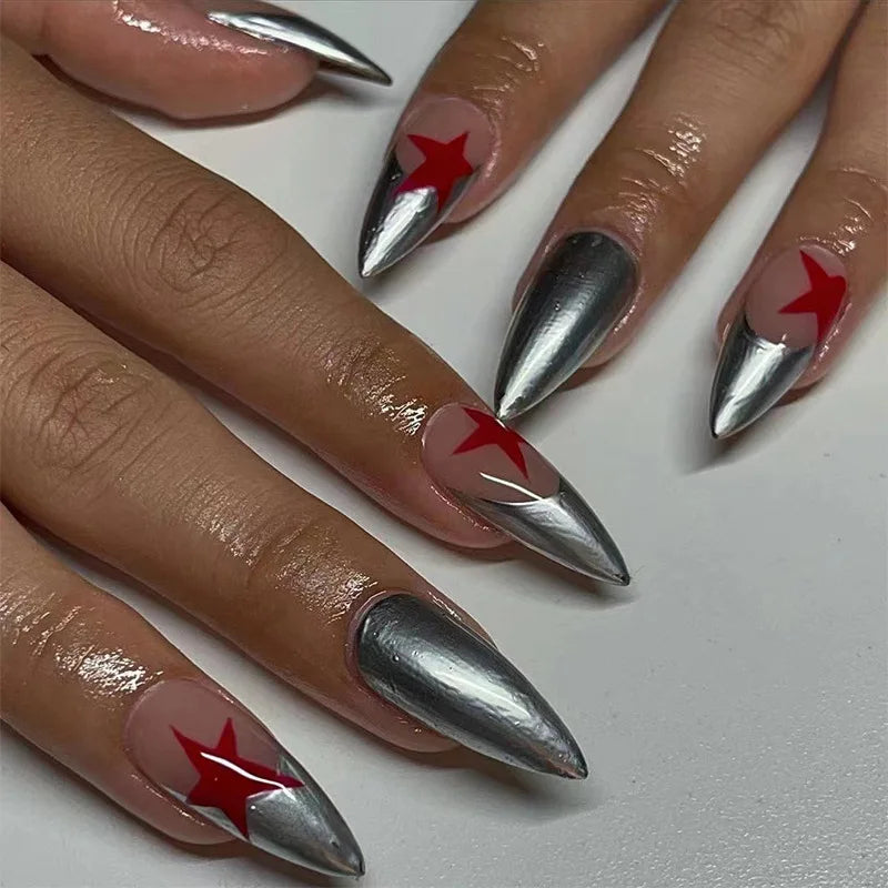 Milky White Stars Black French Wearable Nail Art-5