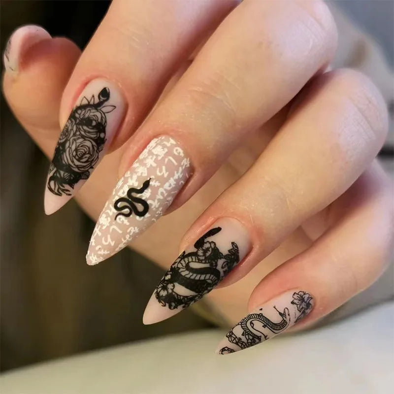 Milky White Stars Black French Wearable Nail Art-8
