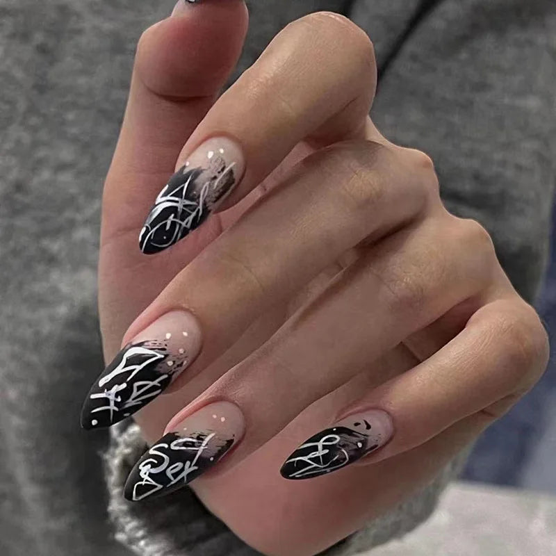 Milky White Stars Black French Wearable Nail Art-9