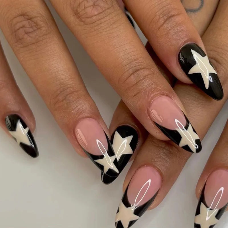Milky White Stars Black French Wearable Nail Art-12