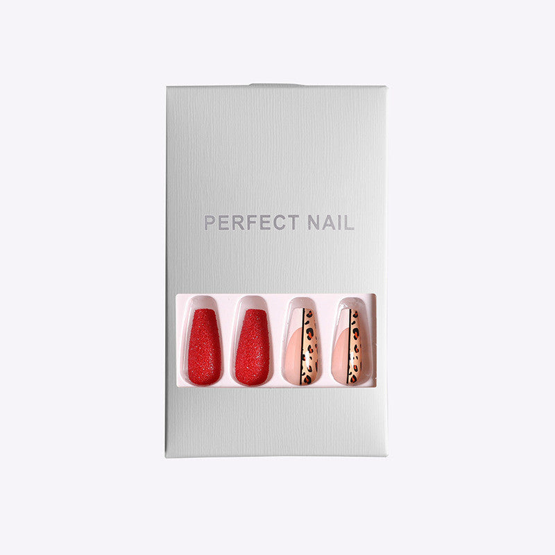 Red Jump Color Leopard Print Ballet False Nails-3