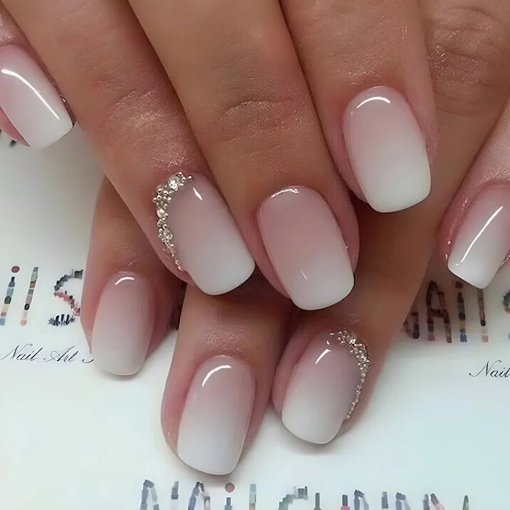 Gradient White Fake Nail Short Square Ballet Simple False Nails-46