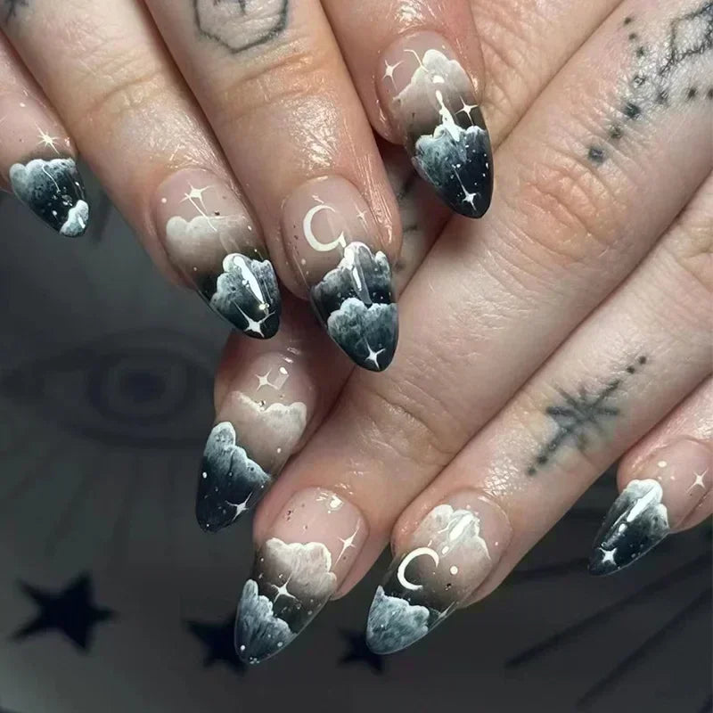 Whimsical Clown Almond Press-On Nails on!-32