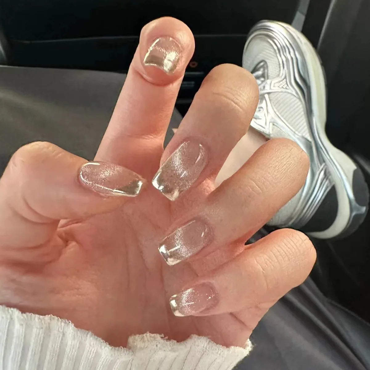 Gradient White Fake Nail Short Square Ballet Simple False Nails-33