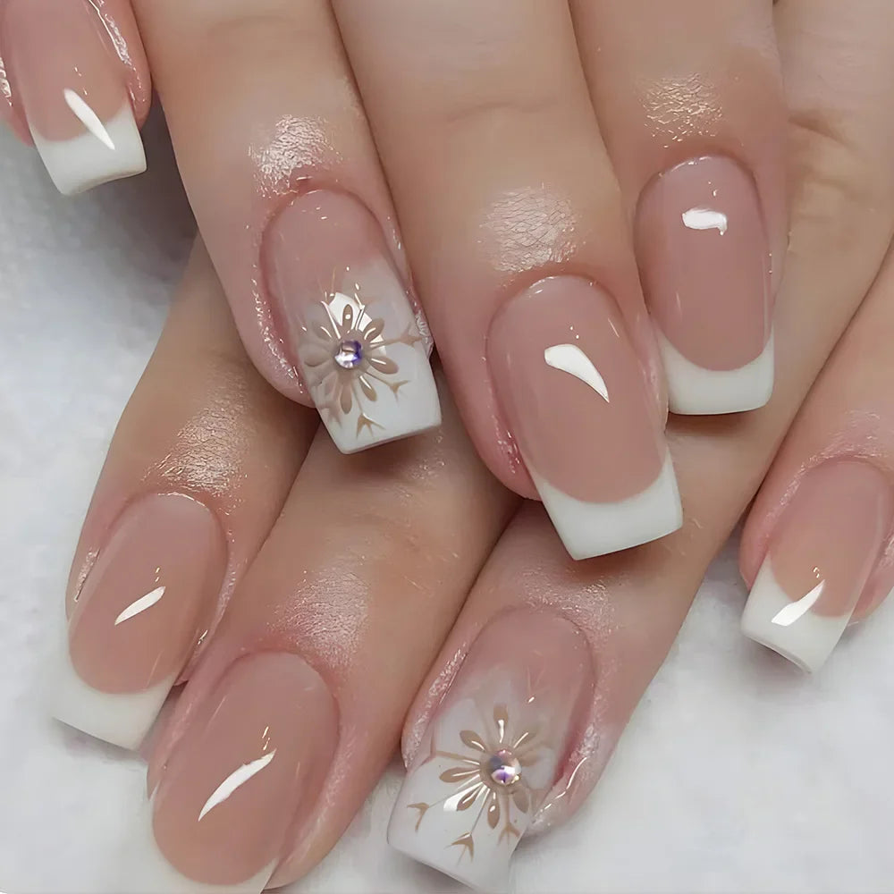 Gradient White Fake Nail Short Square Ballet Simple False Nails-35
