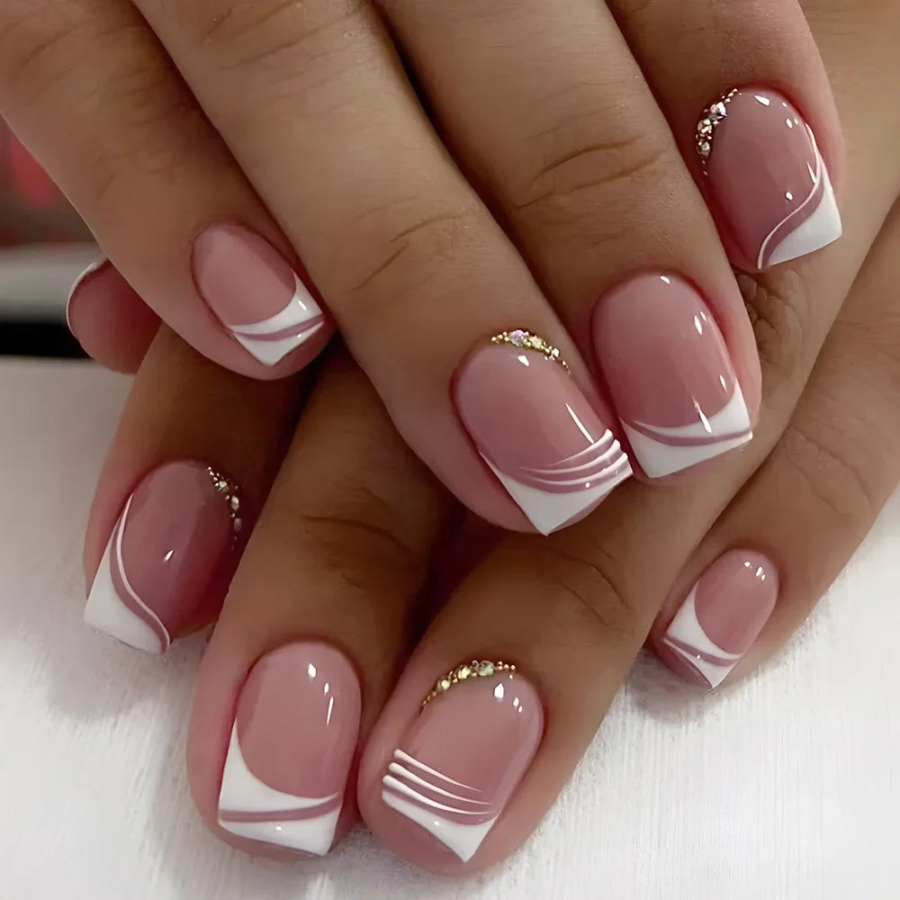 Gradient White Fake Nail Short Square Ballet Simple False Nails-39