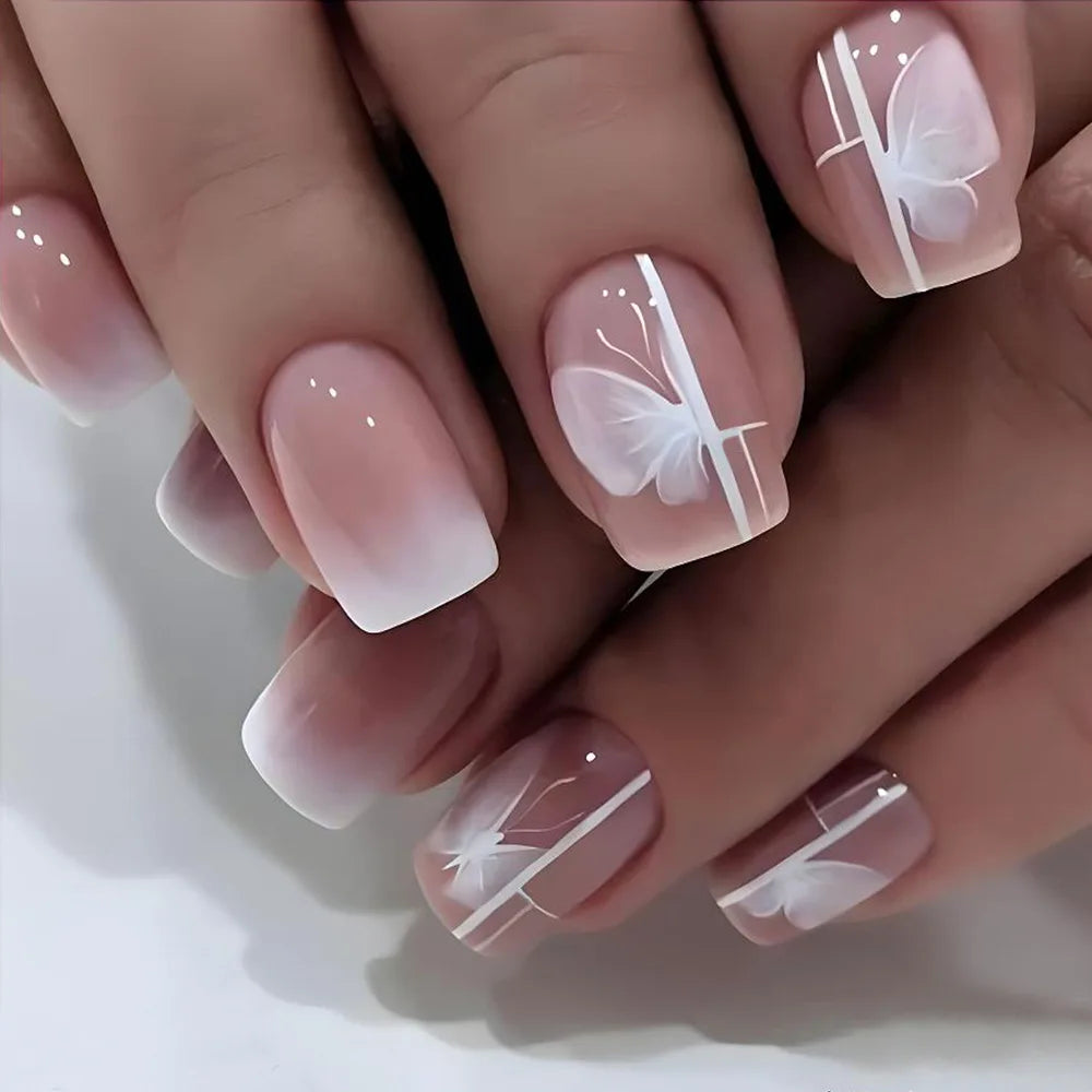 Gradient White Fake Nail Short Square Ballet Simple False Nails-57
