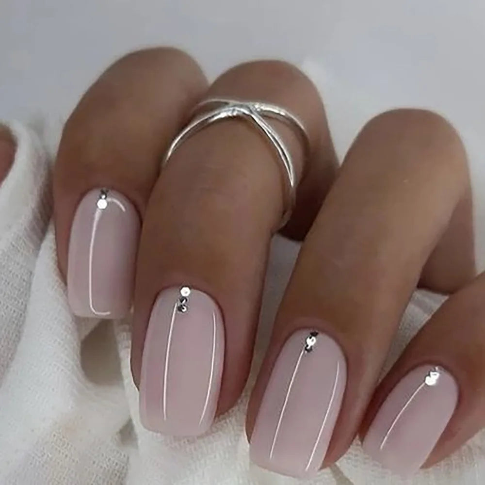 Gradient White Fake Nail Short Square Ballet Simple False Nails-54