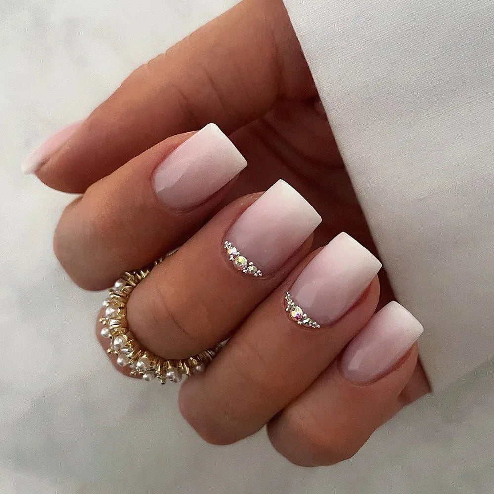 Gradient White Fake Nail Short Square Ballet Simple False Nails-66
