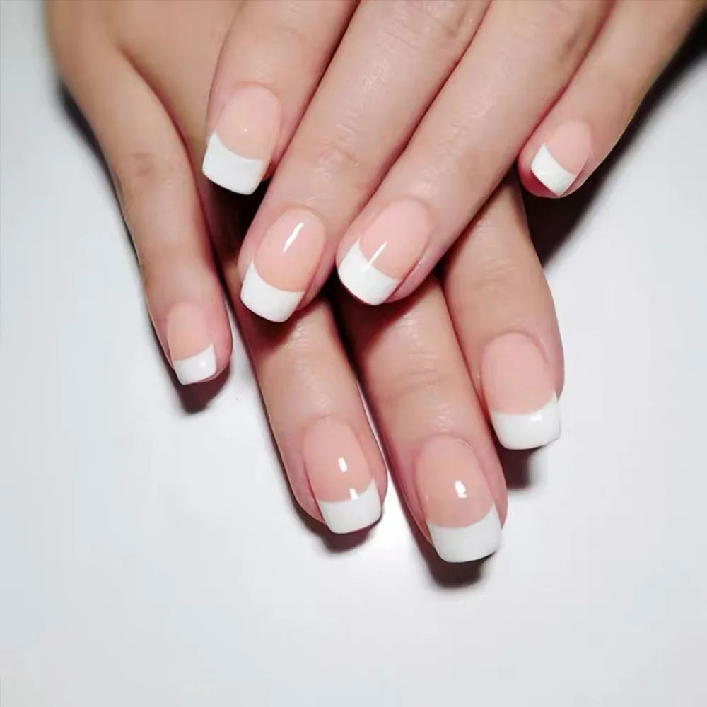 Gradient White Fake Nail Short Square Ballet Simple False Nails-31