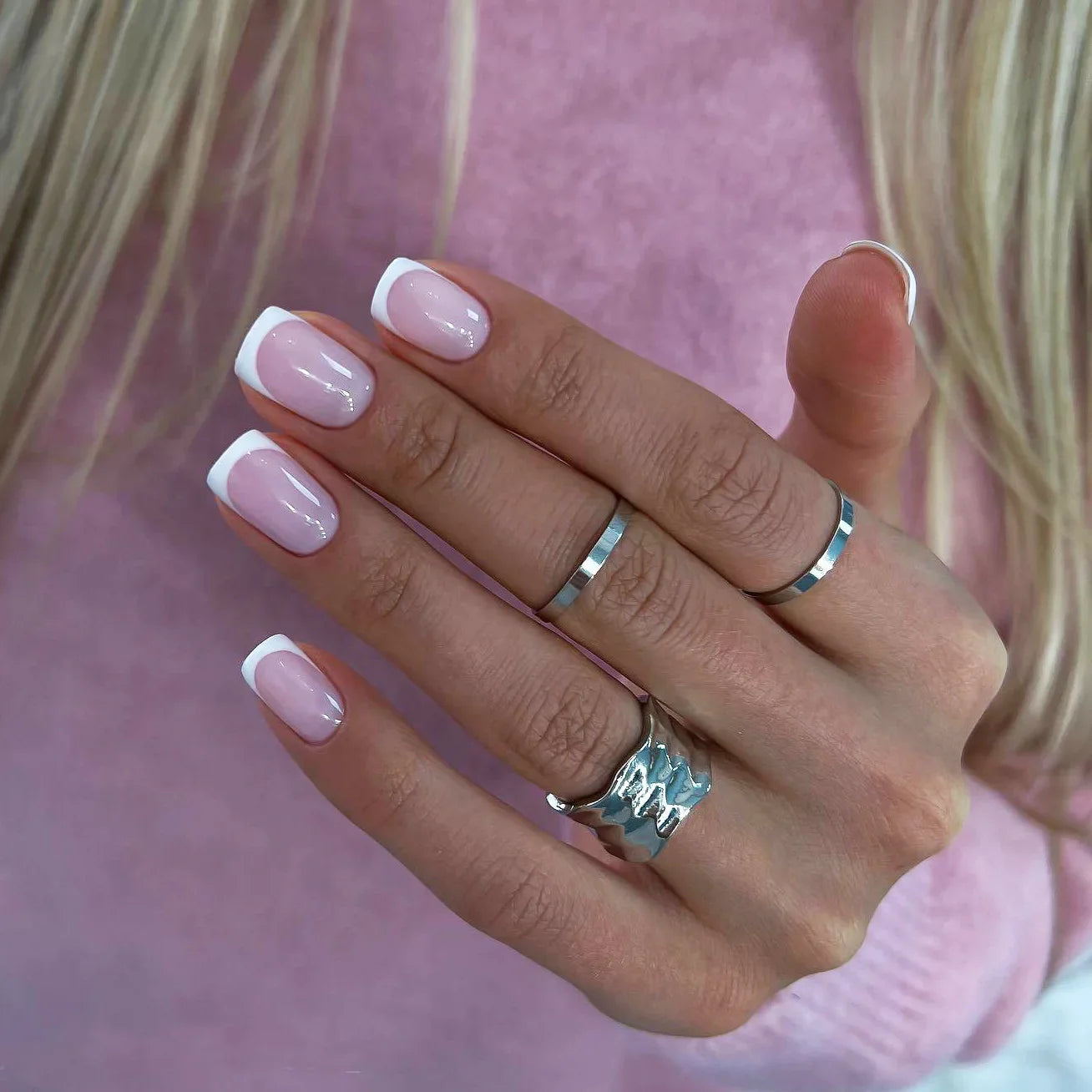Gradient White Fake Nail Short Square Ballet Simple False Nails-55