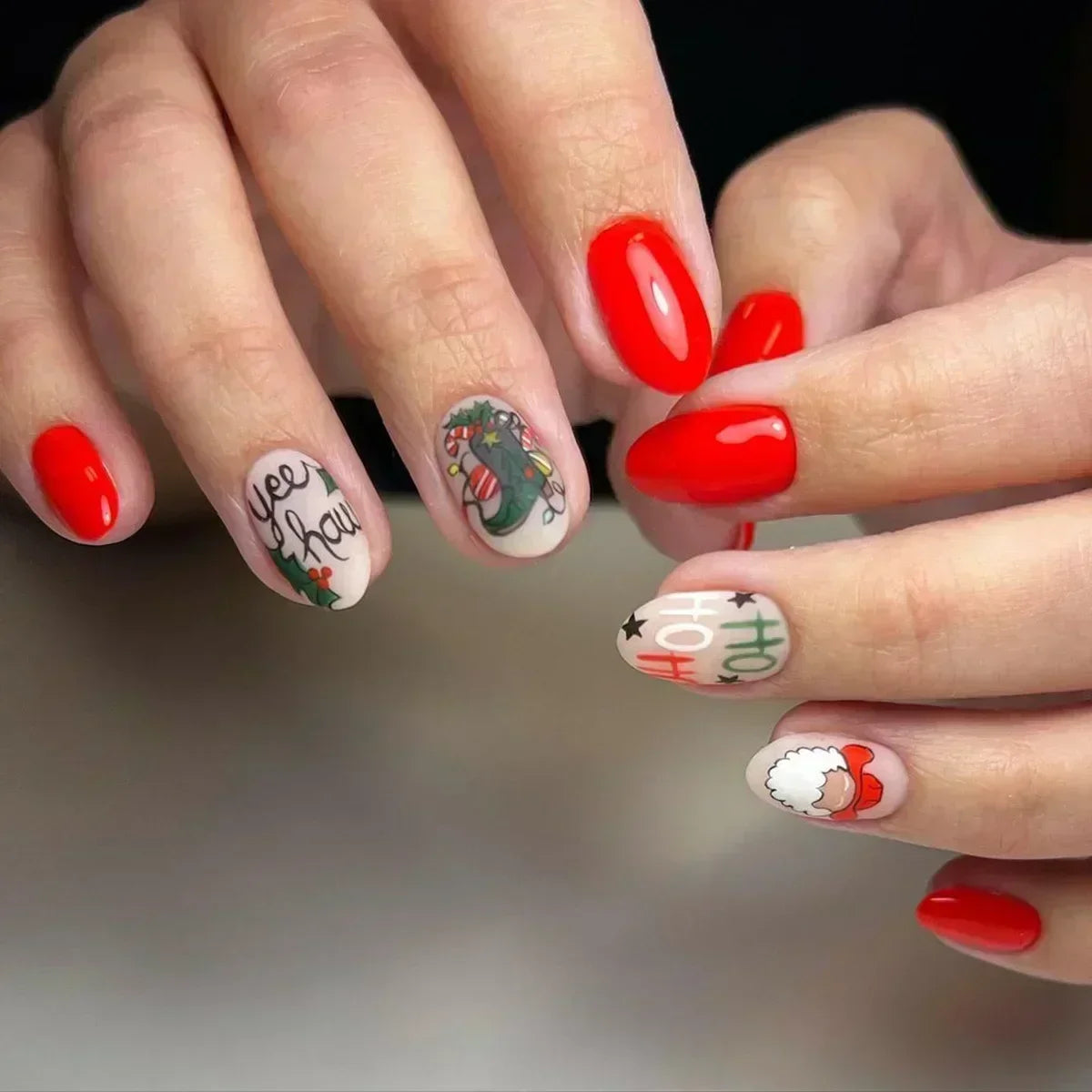 Whimsical Clown Almond Press-On Nails on!-31