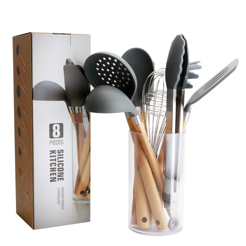 Silicone Kitchen Utensils Set with Wooden Handle-2