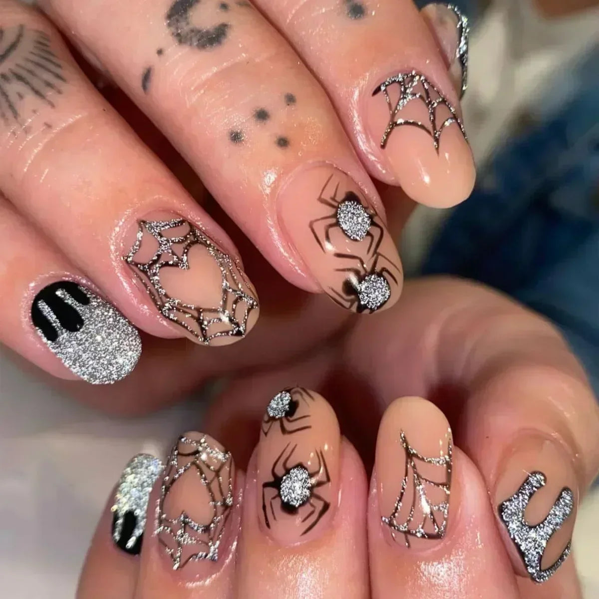 Whimsical Clown Almond Press-On Nails on!-3