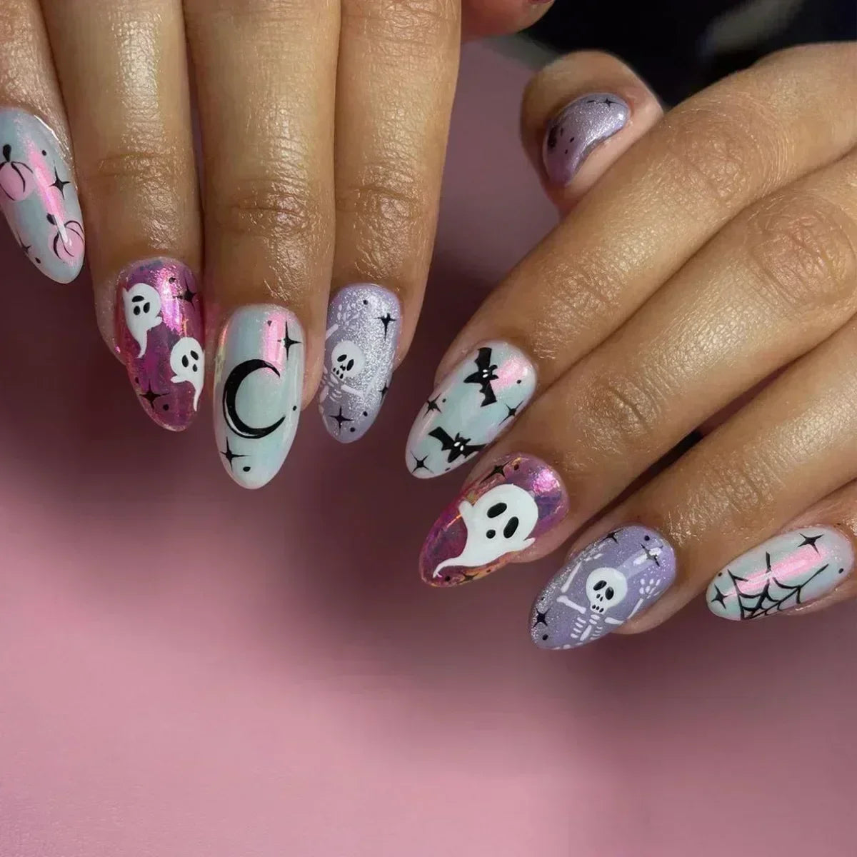 Whimsical Clown Almond Press-On Nails on!-5