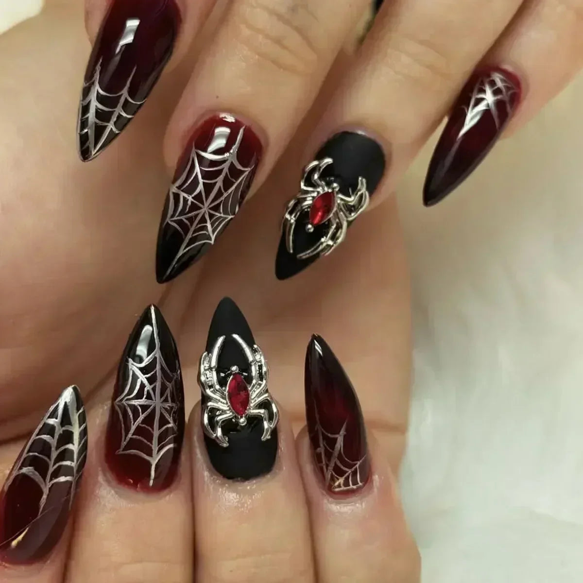Whimsical Clown Almond Press-On Nails on!-6