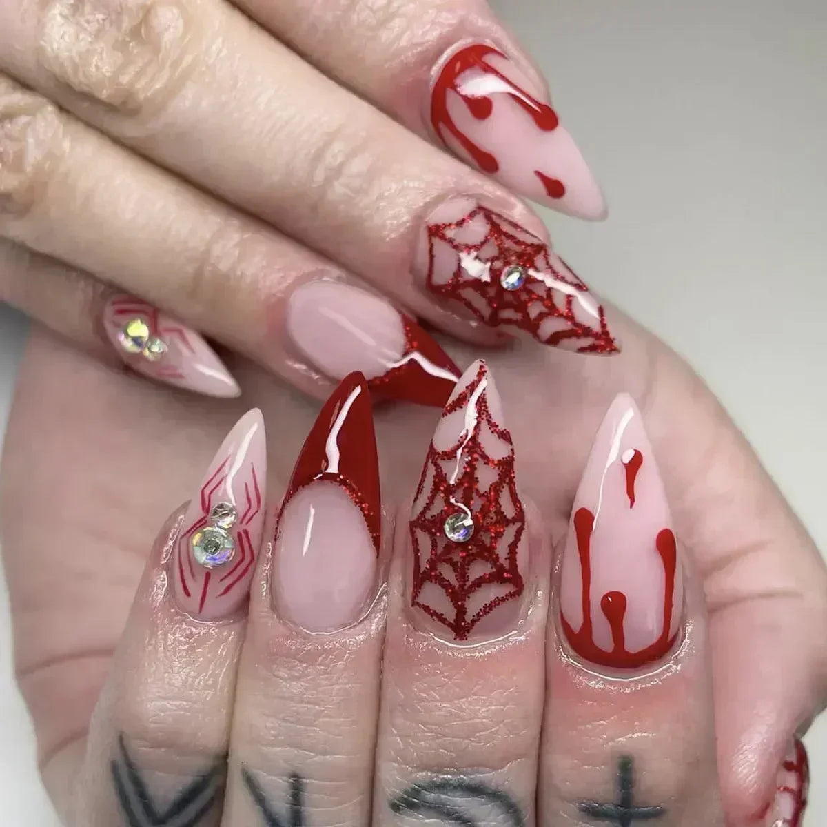 Whimsical Clown Almond Press-On Nails on!-7