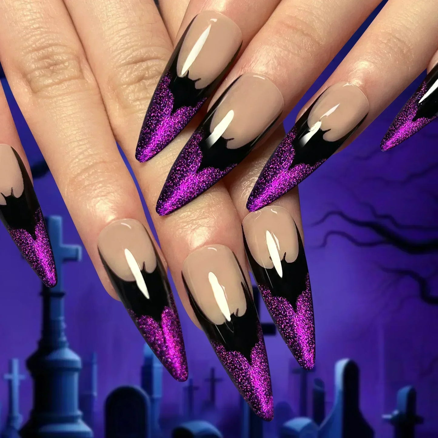 Whimsical Clown Almond Press-On Nails on!-8