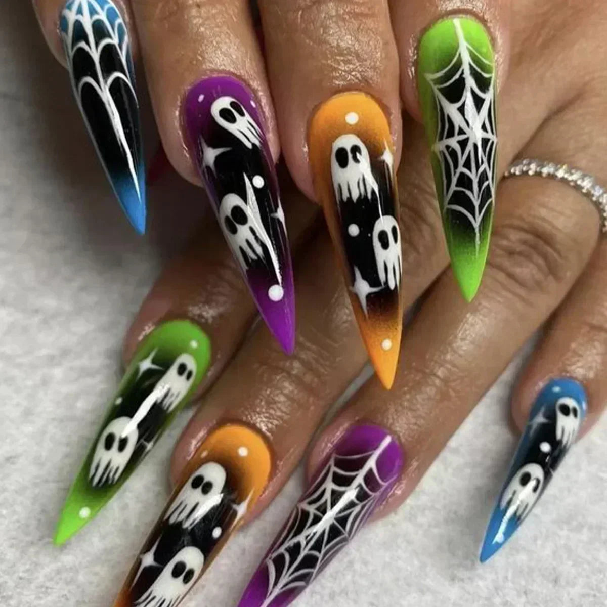 Whimsical Clown Almond Press-On Nails on!-9