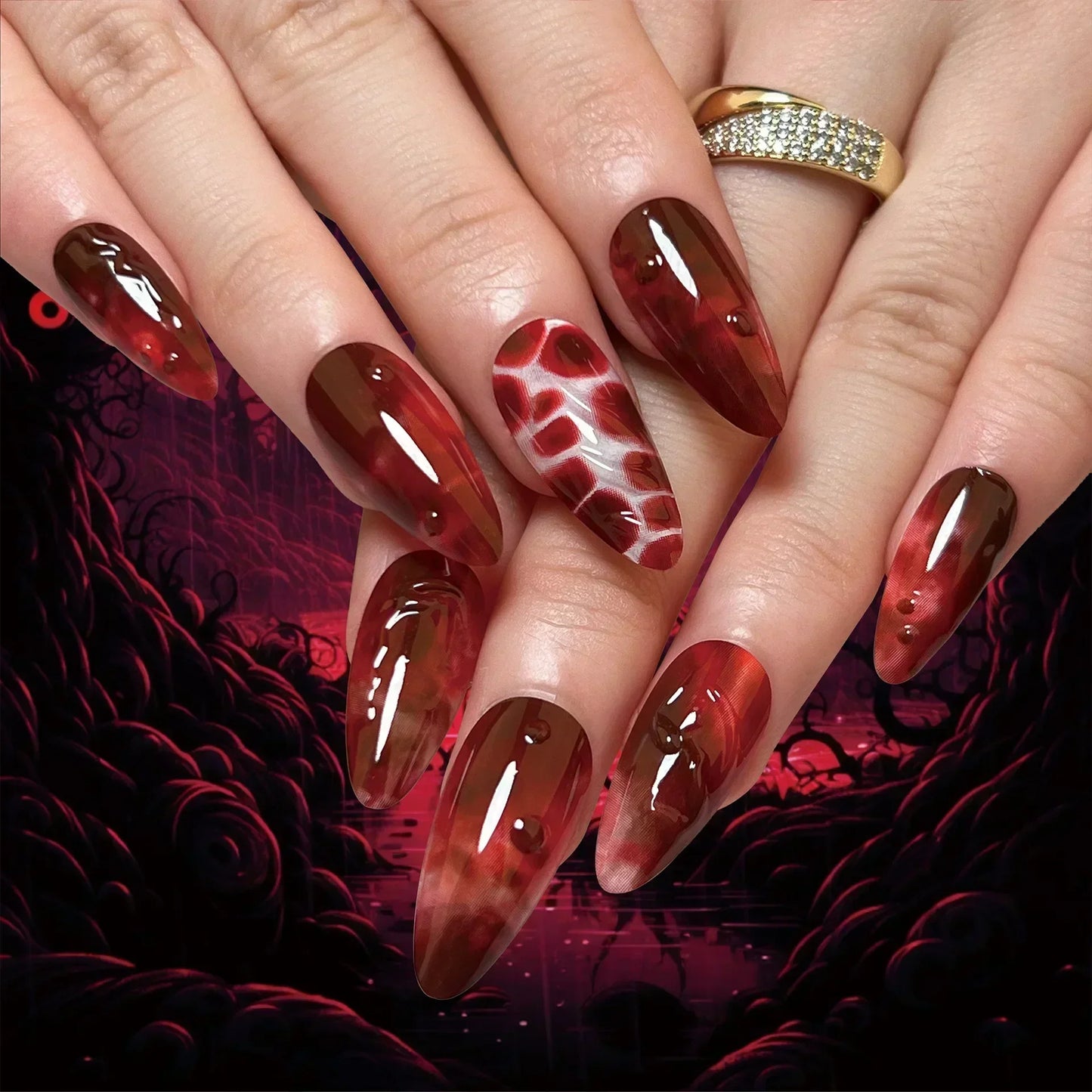 Whimsical Clown Almond Press-On Nails on!-13