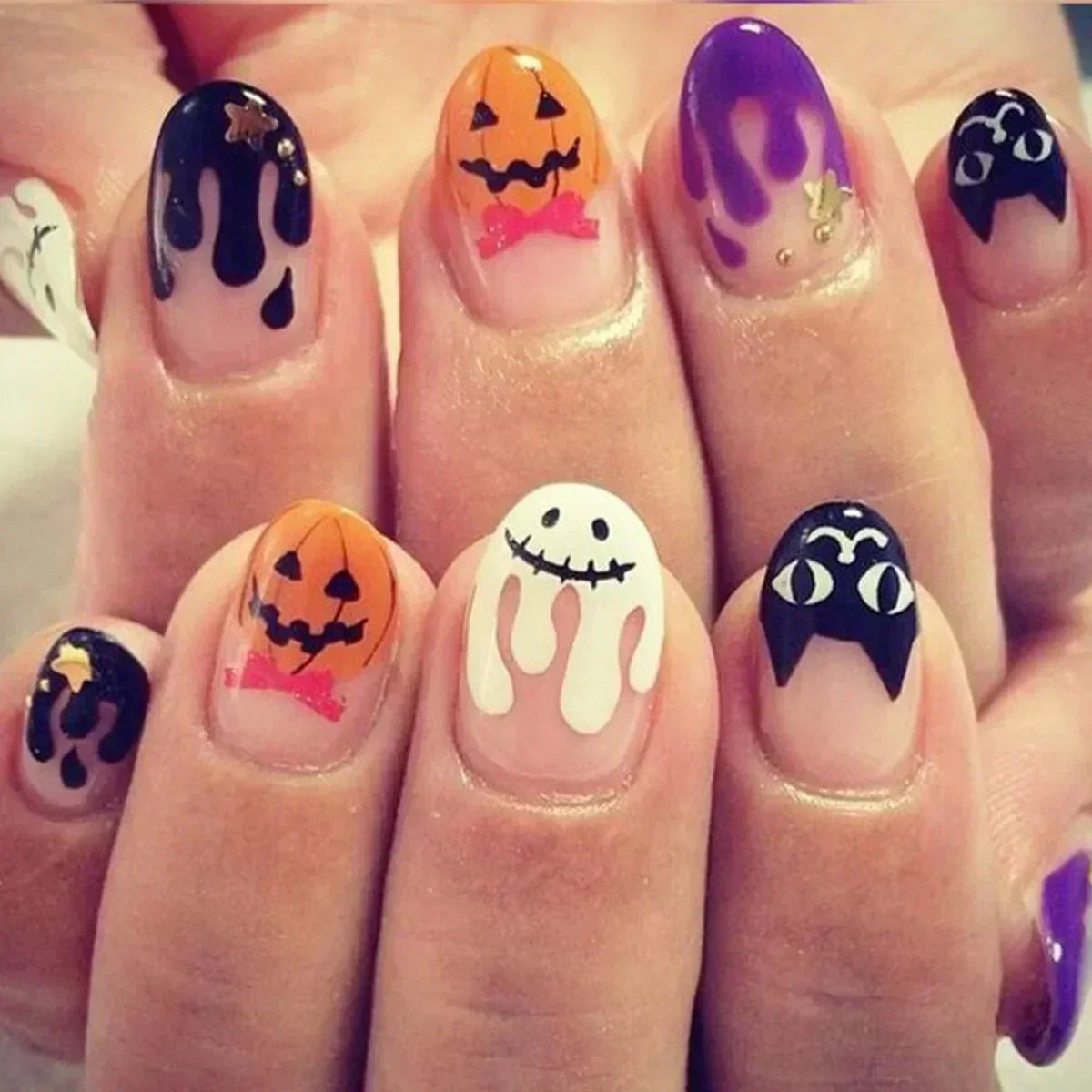 Whimsical Clown Almond Press-On Nails on!-14
