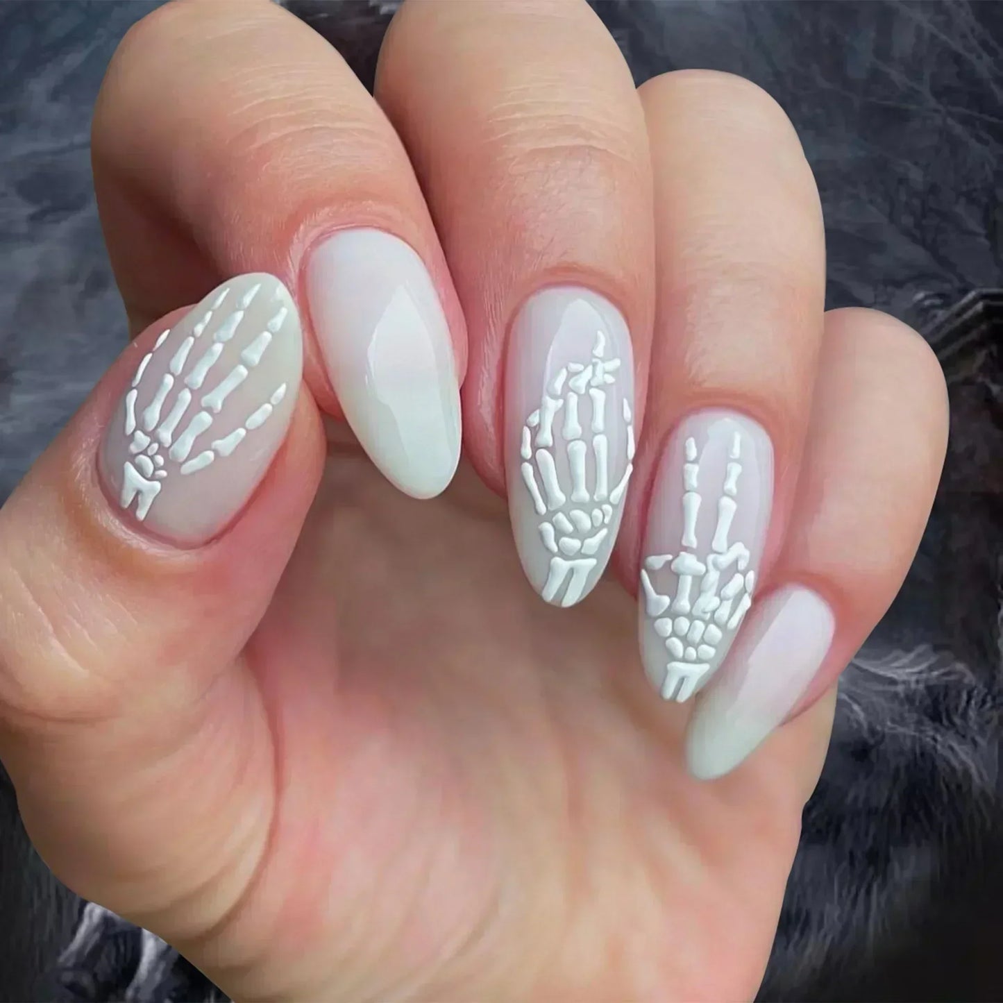 Whimsical Clown Almond Press-On Nails on!-19