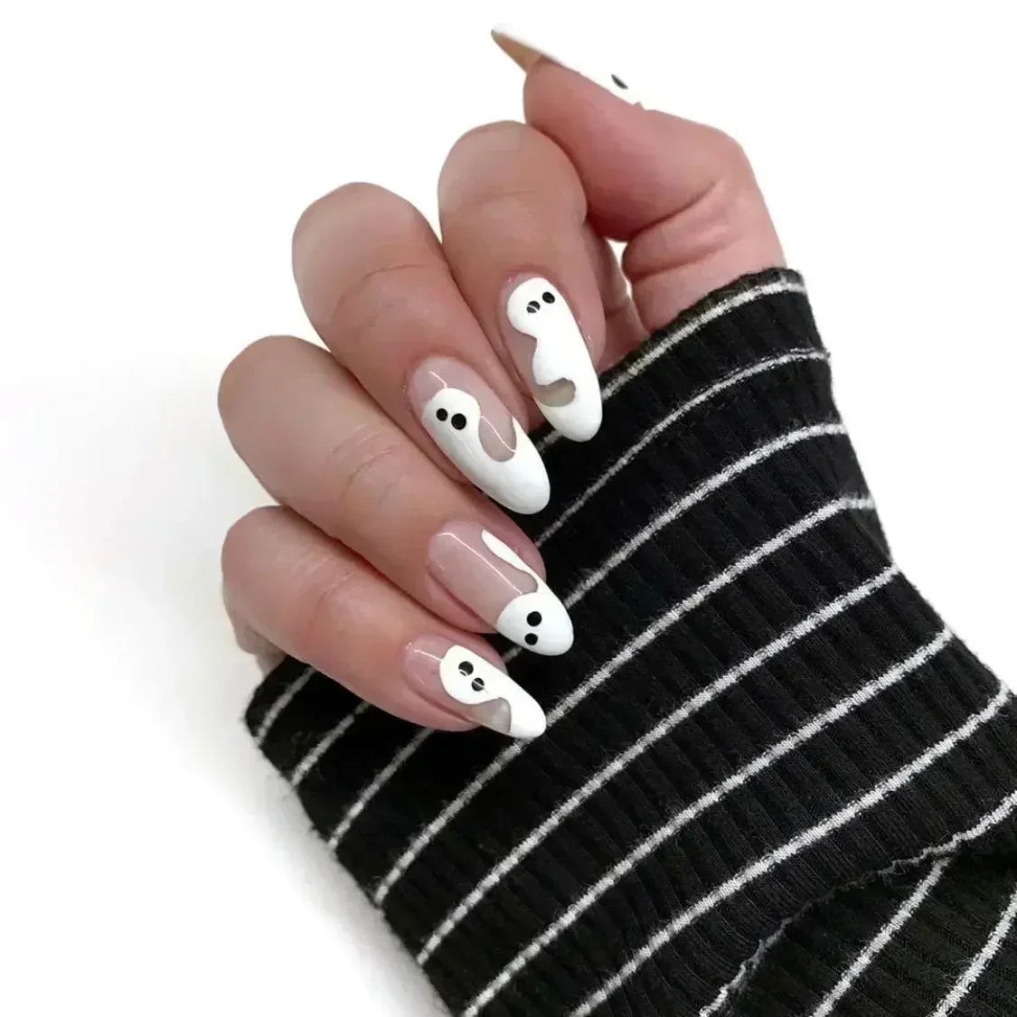 Whimsical Clown Almond Press-On Nails on!-20