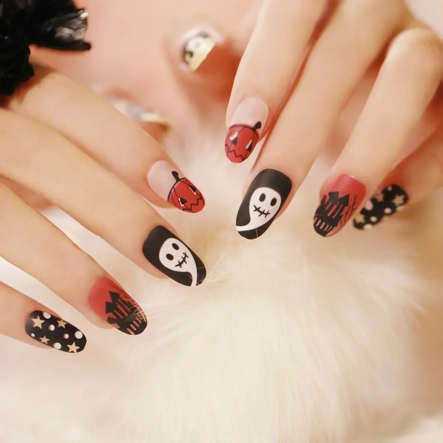 Whimsical Clown Almond Press-On Nails on!-21