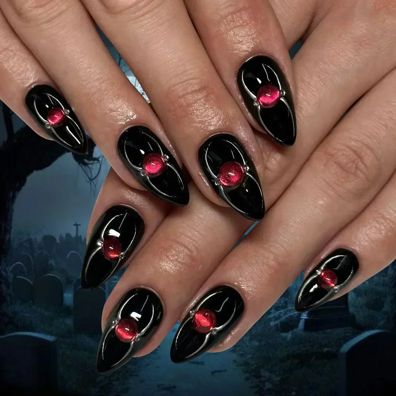 Whimsical Clown Almond Press-On Nails on!-24