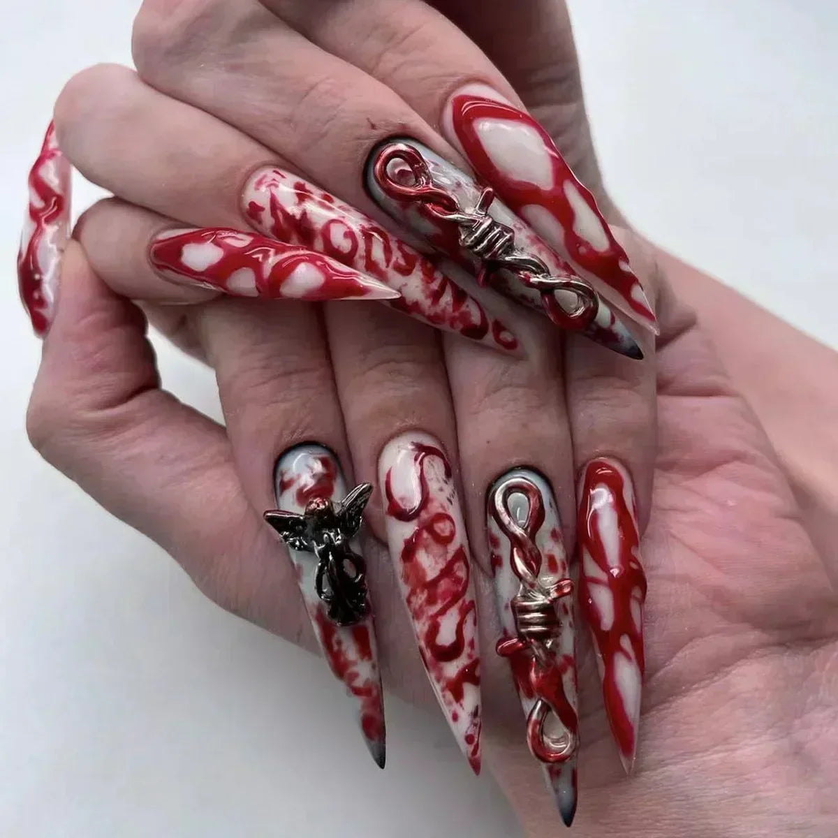 Whimsical Clown Almond Press-On Nails on!-26
