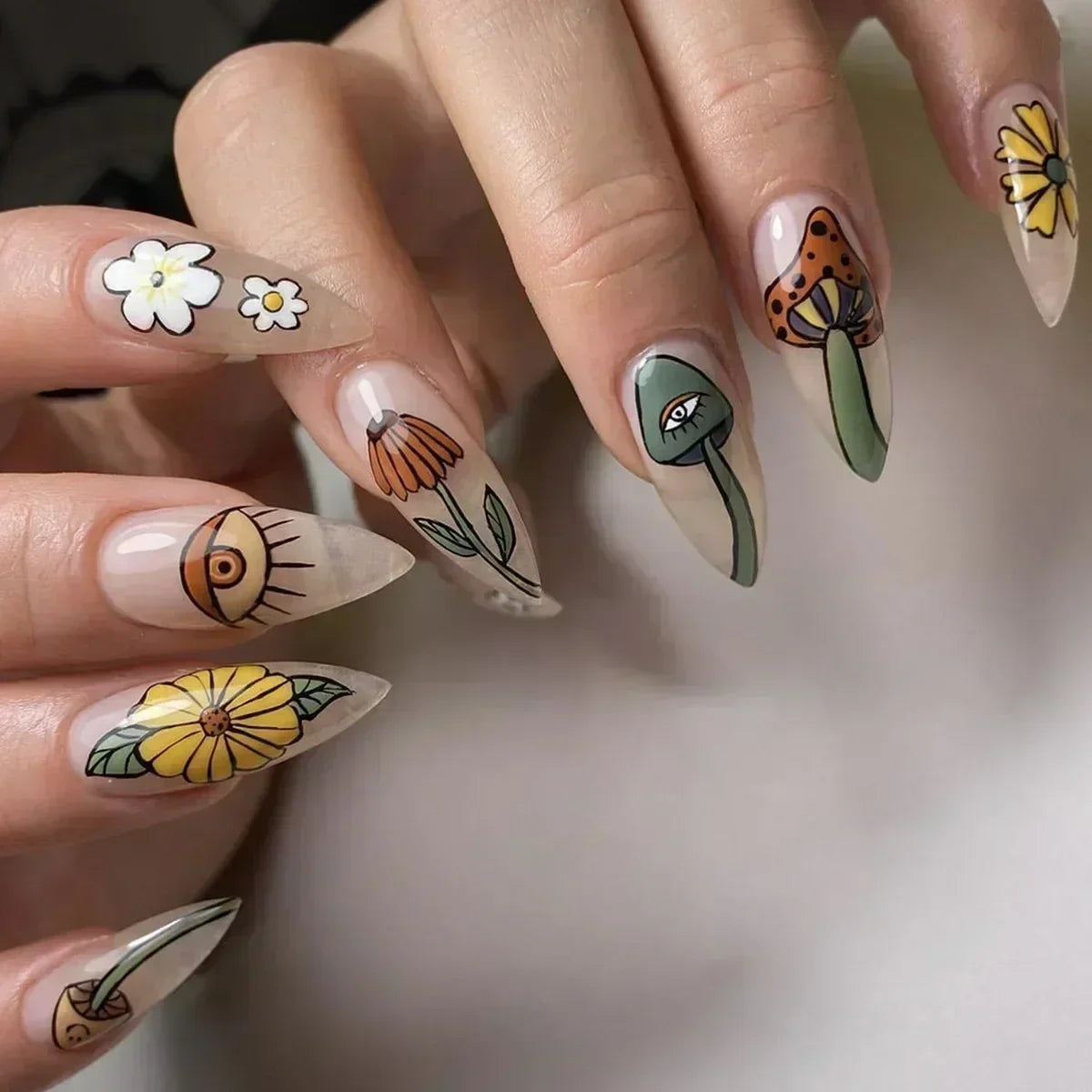 Whimsical Clown Almond Press-On Nails on!-29