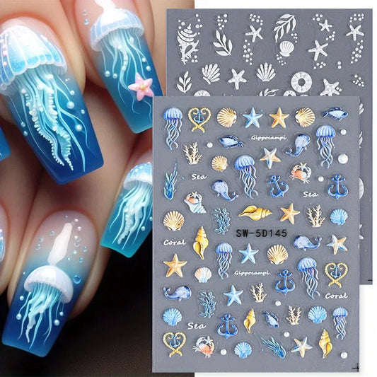 5D Jellyfish Beach Nail Stickers Set-0