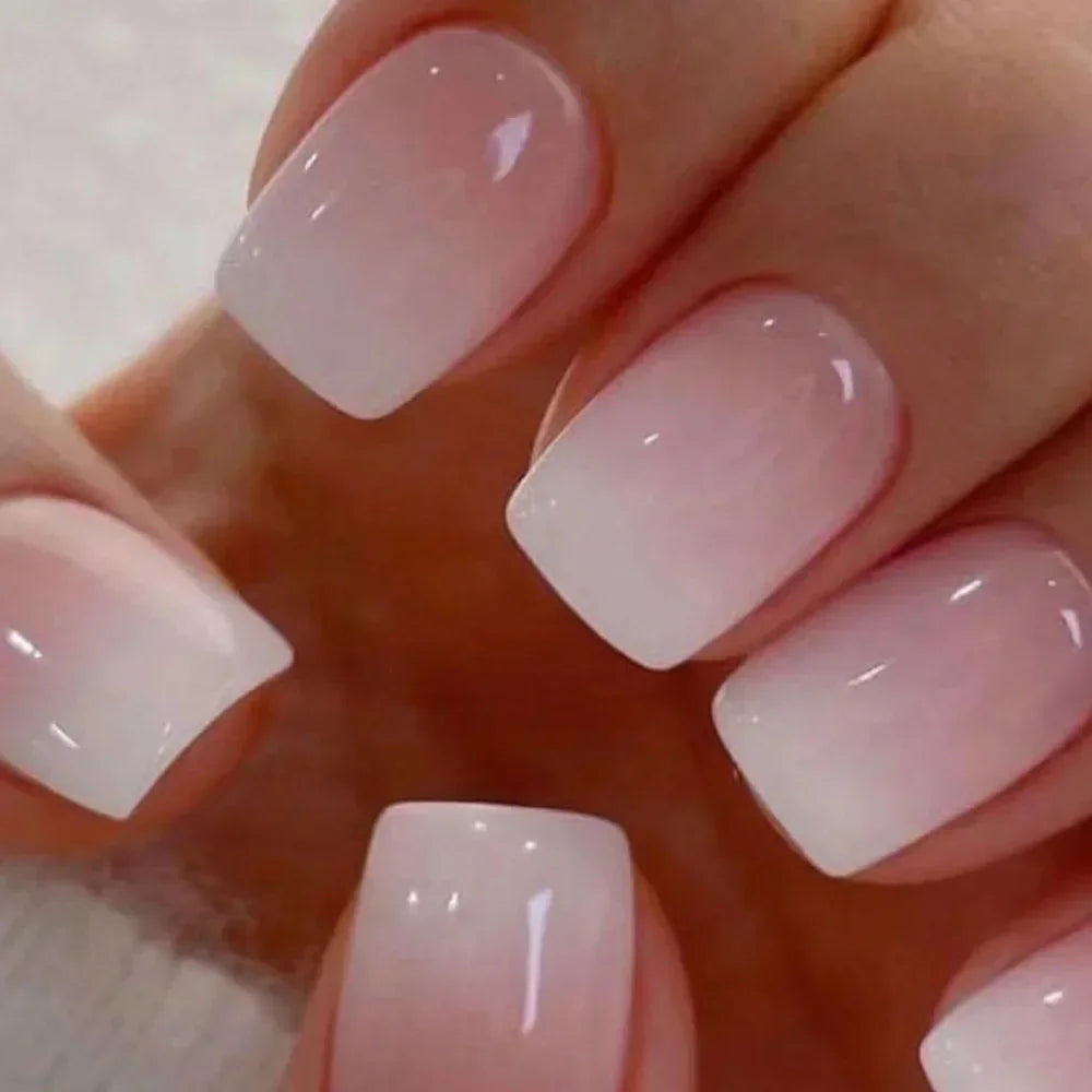 Gradient White Fake Nail Short Square Ballet Simple False Nails-0