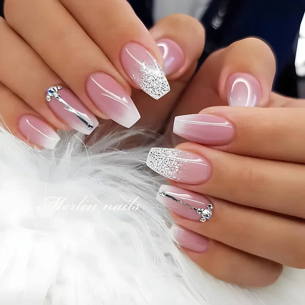 Gradient White Fake Nail Short Square Ballet Simple False Nails-4